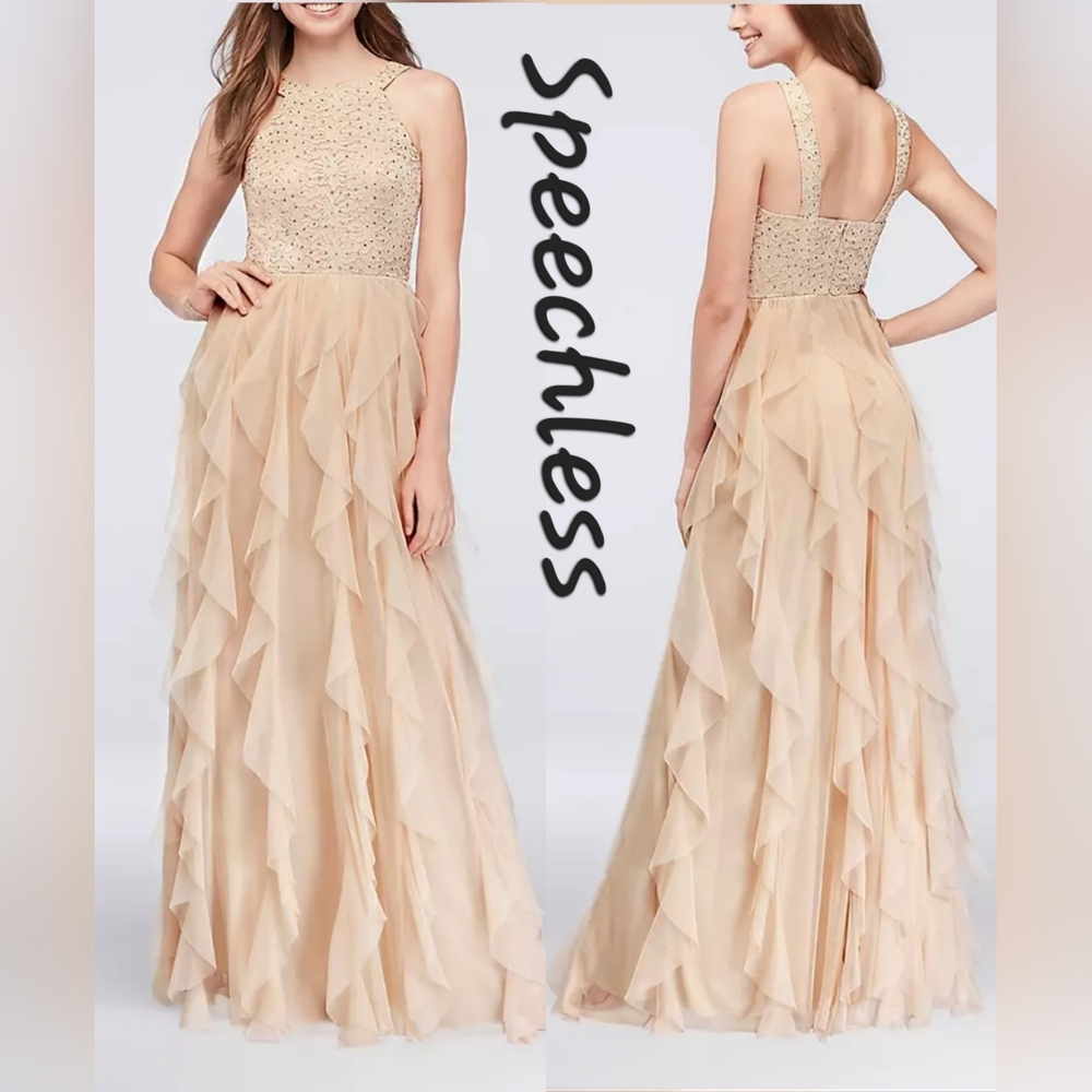 NWOT Speechless Glitter Lace & Mesh Gown With Cascading Skirt Sz 3